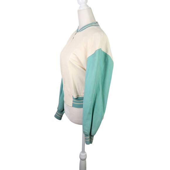 Vintage 90s Nancy Heller Cream and Turquoise Leather Bomber Jacket 2 - Picture 3 of 7